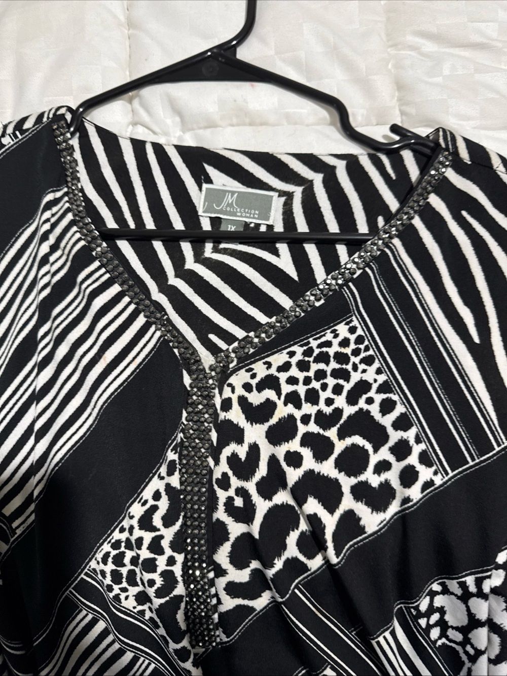 JM Collection Black & White Mixed Animal Print V-Neck Tunic with Beaded Trim